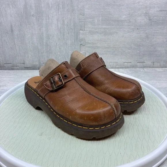 Dr Martens Clogs Women's 9 Brown Leather Buckle Slip On Chunky Mules Y2K - Picture 3 of 8